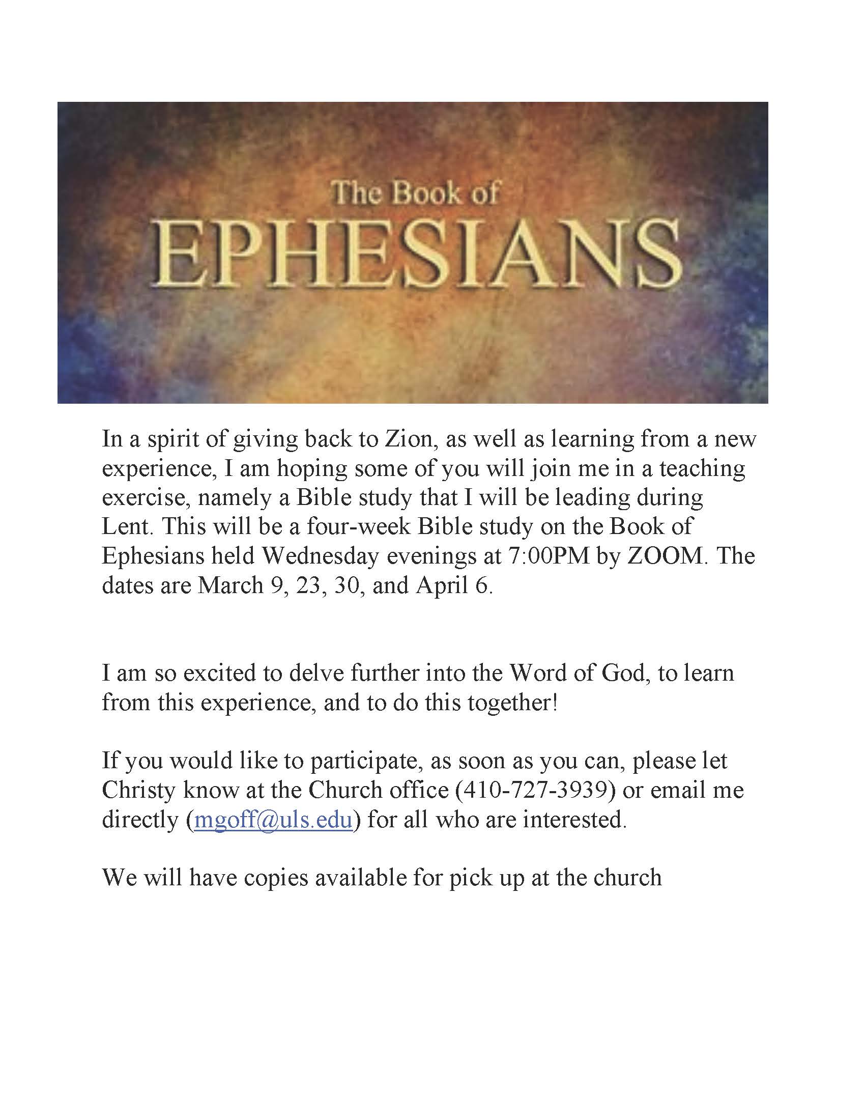 The Book of Ephesians Bible Study – Zion Church of the City of Baltimore