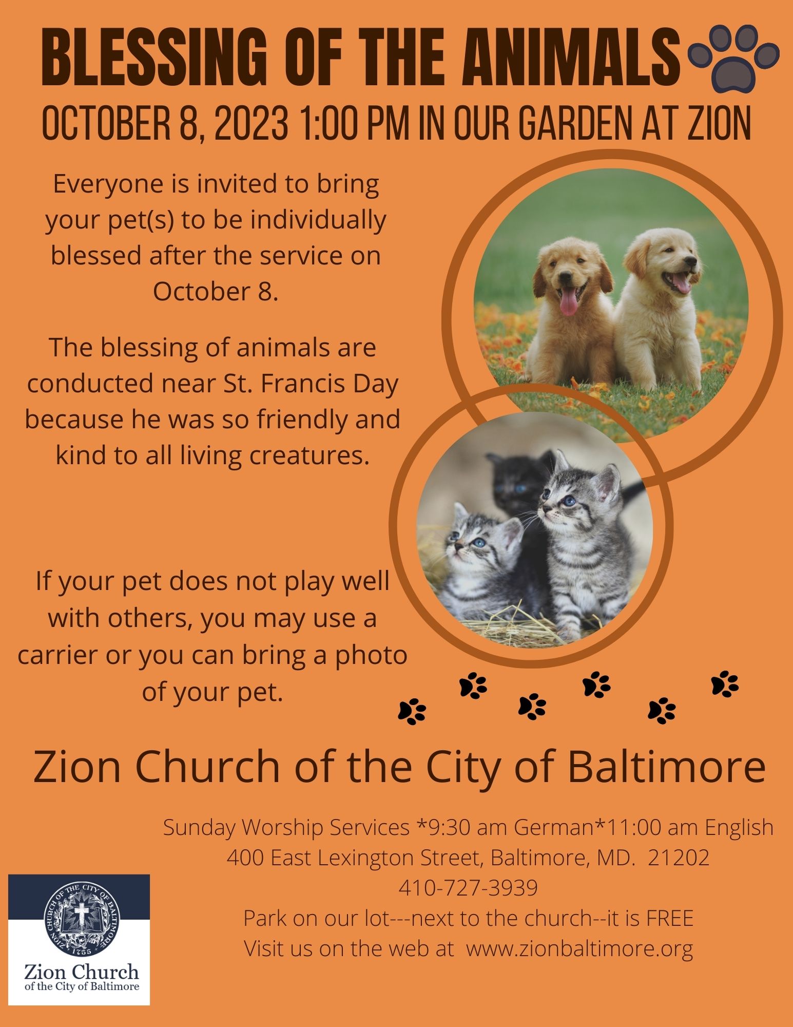 Blessing of the Animals October 8th 1pm Zion Church of the City of Baltimore